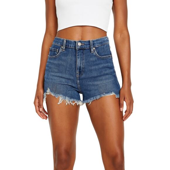 Express Midi High Rise Cut Off Denim Shorts - Size 2 - Picture 1 of 7